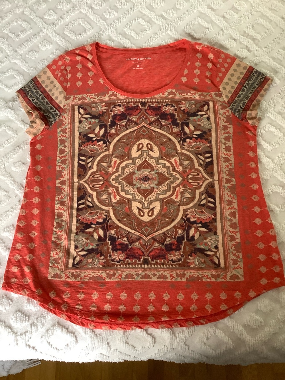 Lucky Brand Women's Graphic Tee Orange Tan Boho Top Short Sleeve Size XL